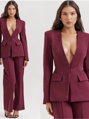 House of CB Alexandria Deep-V Blazer - Burgundy Size M